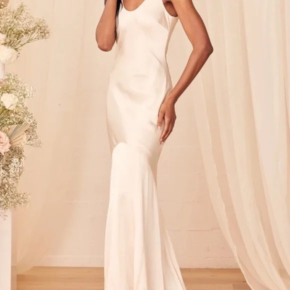 Lulu’s Love All of Me Champagne Satin Maxi Dress - Picture 1 of 3